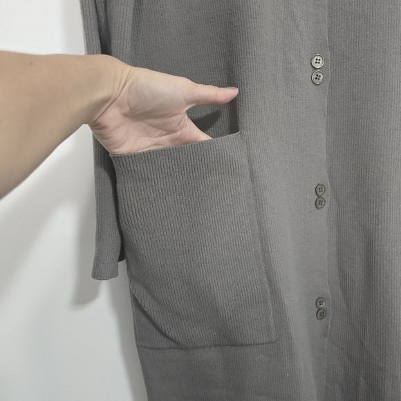 Lafayette 148 ribbed vneck wool duster Cardigan Taupe Patch Pockets Neutral - Picture 7 of 9